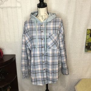 Plaid Hooded Button Front Long Sleeve Shirt NWOT